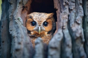 Poster an owl peering out from a tree cavity at dusk © primopiano