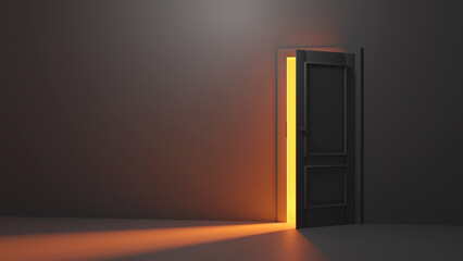 3d render, yellow light going through the open door isolated on Black background. Architectural design element. Modern minimal concept. Opportunity metaphor - obrazy, fototapety, plakaty
