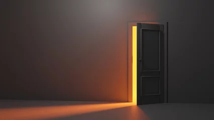 Foto op Plexiglas 3d render, yellow light going through the open door isolated on Black background. Architectural design element. Modern minimal concept. Opportunity metaphor © ruangrit19