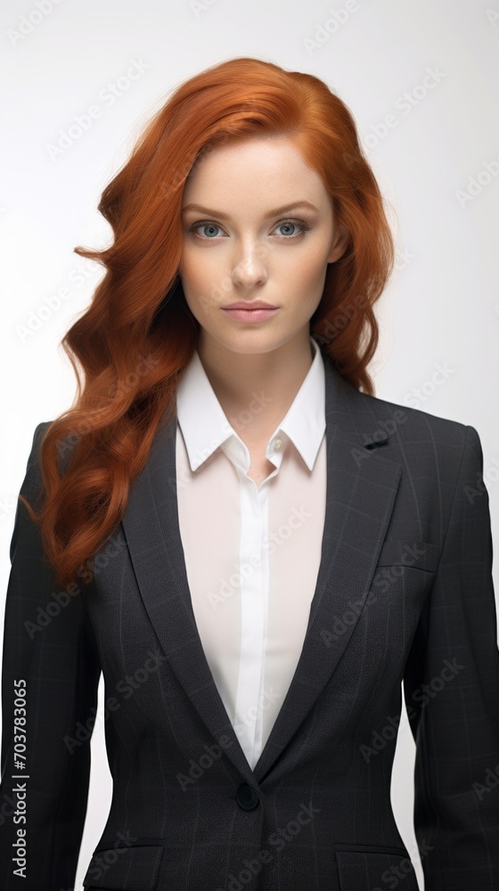Poster generative ai red-haired woman in a suit on a white background dynamic pose wide