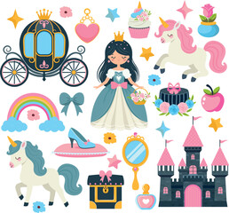 Princess clipart vector set. Castle, carriage and fairytale accessories.Cute fairytale vector graphics.