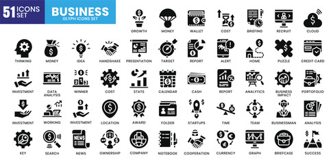 Business icons bundle. Glyph icon style. Vector illustration.