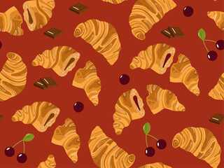 Seamless pattern of croissants with chocolate and cherry filling