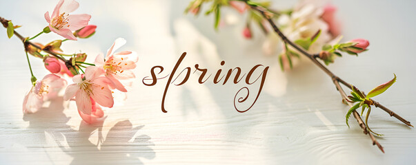 The inscription spring on a light wooden background with delicate spring pink flowers.