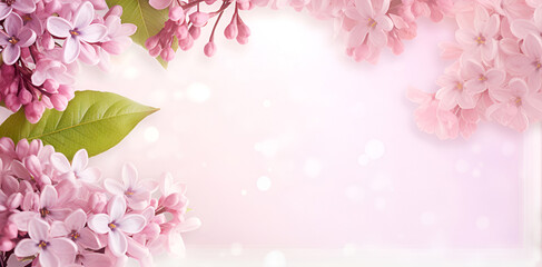 Frame or border from branches of blooming lilac. Spring pink background with copy space and bokeh. Top view.