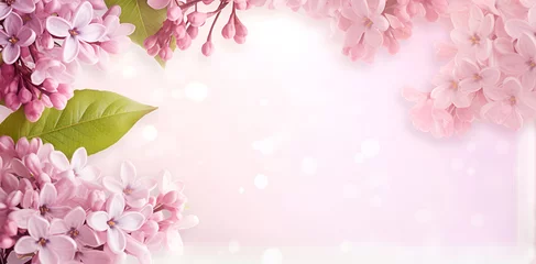 Foto op Canvas Frame or border from branches of blooming lilac. Spring pink background with copy space and bokeh. Top view. © Наталья Зюбр