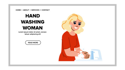 water hand washing woman vector. clean bathroom, tap liquid, care bacteria water hand washing woman web flat cartoon illustration