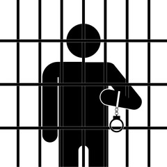 Stick figure imprisonment in handcuffs, flat vector illustration.