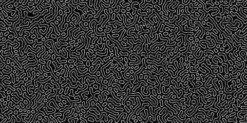 Abstract Turing organic wallpaper with background. Turing reaction diffusion monochrome seamless pattern with chaotic motion. Natural seamless line pattern. Linear design with biological shapes.  - obrazy, fototapety, plakaty