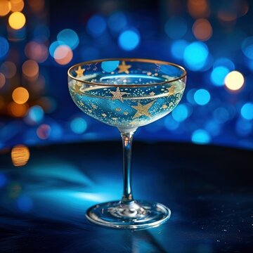A cocktail blue drink with twinkling stars like a starry sky on a blue background