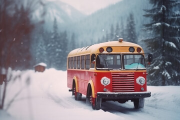 Fototapeta na wymiar A yellow school bus in the snow rides on a snowy winter road. Safe social assistance for children.