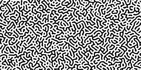 Abstract Turing organic wallpaper with background. Turing reaction diffusion monochrome seamless pattern with chaotic motion. Natural seamless line pattern. Linear design with biological shapes.  - obrazy, fototapety, plakaty