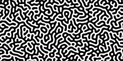 Abstract Turing organic wallpaper with background. Turing reaction diffusion monochrome seamless pattern with chaotic motion. Natural seamless line pattern. Linear design with biological shapes. 