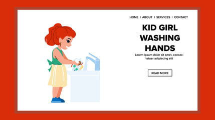 clean kid girl washing hands vector. hygiene mother, mom water, foam little clean kid girl washing hands web flat cartoon illustration