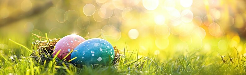 colorful Easter egg is lying in the grass