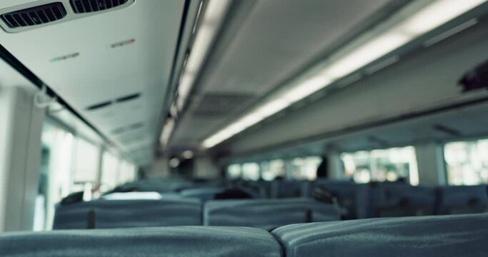 Empty Train Interior, Seats And Transport With Moving, Window And Vehicle With Public Infrastructure. Locomotive, Railway Travel And Chair For Passenger Commute, Services And Carriage In Tokyo