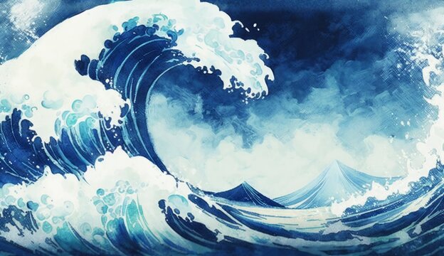 Rough waves Navy Watercolor style Japanese background, Japanese painting