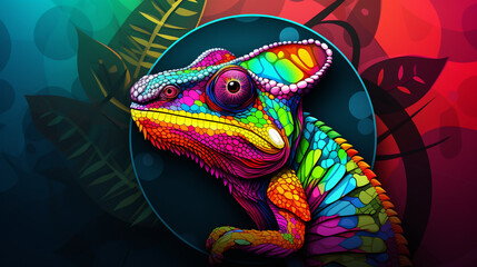 Chameleon Chromatics: Colorful Reptile on Multicolor Rounded Background