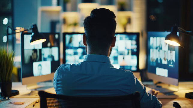 View From Back Above Male Shoulder On The Laptop With Diverse Employees, Coworkers On The Screen, Video Call, Online Meeting. App For Video Conference With Many People Together