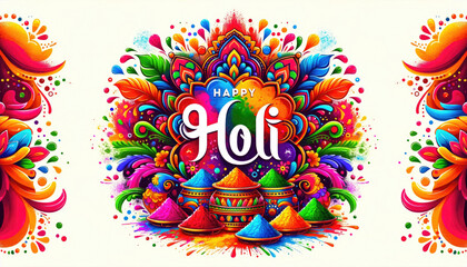 Artistic illustration celebrating the festival of Holi, featuring vivid colors and intricate patterns with a cheerful 'Happy Holi' greeting.