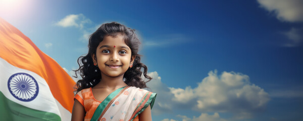 Cute Indian Girl Smiling and Waving Flag. A fictional character created by Generative AI.