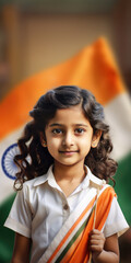 Proud to be Indian - A Young Girl Poses with the National Flag. A fictional character created by Generative AI.