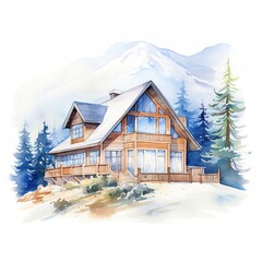 watercolor painting of a mountain cabin - obrazy, fototapety, plakaty