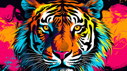 Vivid Feline Majesty: Tiger King in Pop Art Style with Colorful Background