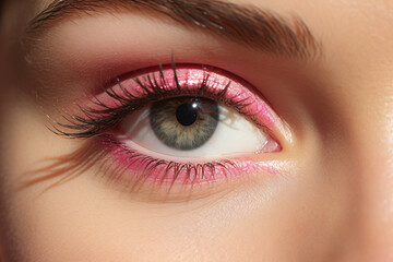 Close up of woman's hazel eye with makeup with pink eyeshadow - obrazy, fototapety, plakaty