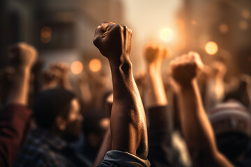 Fototapeta na wymiar Raised fist of afro american man in large angry protest riot crowd of people in blurry background
