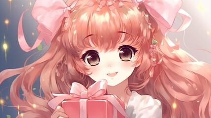 A young anime girl with long brown hair is holding a large gift and smiling. Chinese new year concept