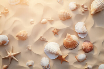 Seashells on the sand on the beach. AI generative.