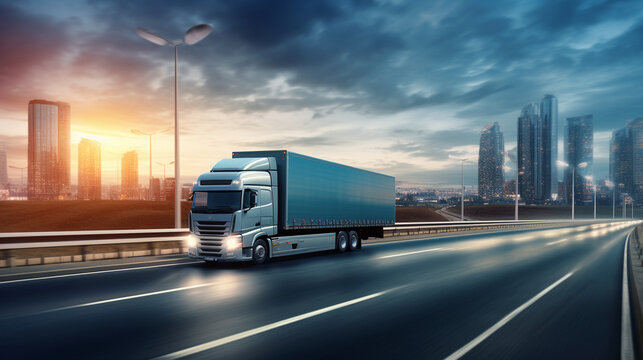 Speedy Delivery: Truck Zooming on the Highway in a Modern City