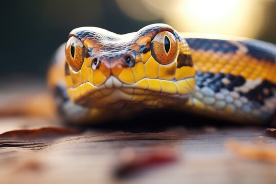 sun reflecting on garter snakes eyes in close-up