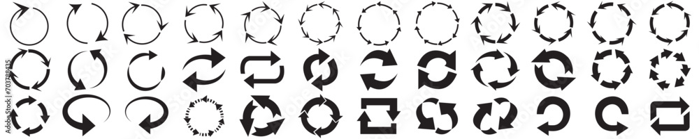 Poster circle arrow icon set. circular arrow icon, refresh, reload. set of circle arrows rotating on white 