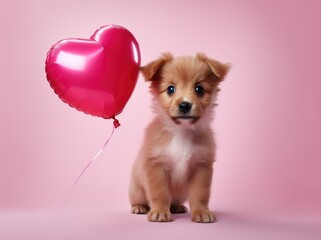 Fototapeta na wymiar Valentine's Day concept with a cute puppy dog holding a love heart balloon. Generative AI