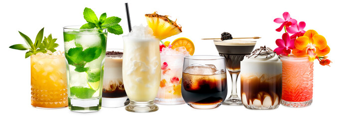 Set and collection of classic alcohol cocktails or mocktail isolated on white background with fresh...
