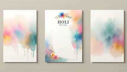 Set of three canvases showcasing a delicate watercolor design with the theme of the Holi festival, blending florals and vibrant colors.Greeting card for Holi festival