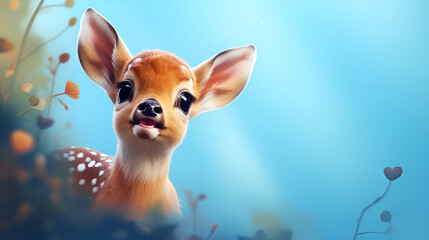 Young bambi deer, roe deer, beautiful, light brown with white spots, huge eyes
