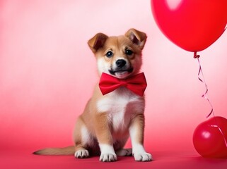 Valentine's Day concept with a cute puppy dog holding a love heart balloon. Generative AI