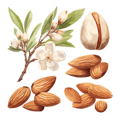 Watercolor hand painted almond nut and leaves and blossom illustration set on white background. Almond composition watercolor isolated on white background