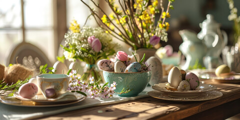 Obraz na płótnie Canvas Easter brunch table with a focus on a festive centerpiece.