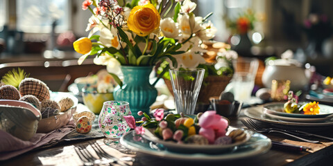 Obraz na płótnie Canvas Easter brunch table with a focus on a festive centerpiece.