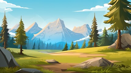 Mountains, valley and coniferous forest landscape