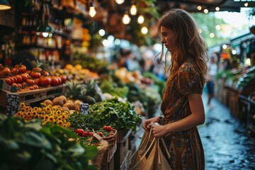 A cheerful woman, laden with a reusable eco-bag, navigates the vibrant vegetable market, carefully selecting fresh and wholesome groceries for her sustainable and healthy lifestyle.