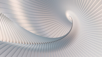Abstract white background, 3d gray wavy stripes pattern, interesting spiral architectural minimal wallpaper.