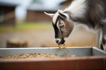 pygmy goat eating grain from a trough