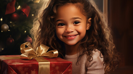 Joyful Gift: Little Girl Embraces the Holiday Spirit with Christmas Joy