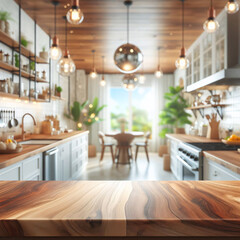 Clean Slate: Empty Wood Table Top in a Modern Kitchen, Ready for Product Montage.