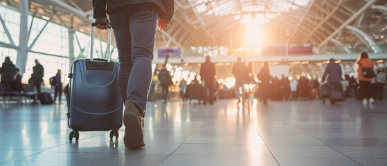 A man walks with a suitcase into the airport, Man at airport, People walking with suitcases Location in the airport , going on a trip ,ultrawide angle travel cover background Concept with a Copy Space